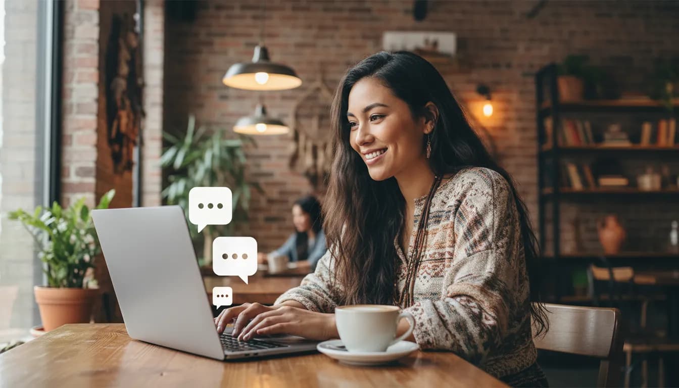 Friendly support rep smiling at laptop with chat bubbles